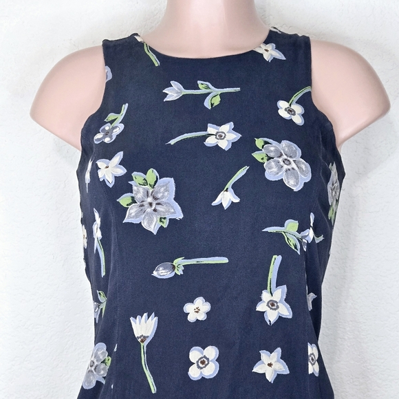 Neiman Marcus Floral 100% Silk Dress Dusty Blue Sleeveless - Picture 2 of 5